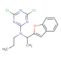 Chemical structure of N-[1-(1-benzofuran-2-yl)ethyl]-4,6-dichloro-N-propyl-1,3,5-triazin-2-amine - CSSB21332129603