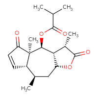 Chemical structure of (3S,3aR,4S,4aR,7aR,8R,9aR)-3,4a,8-trimethyl-2,5-dioxo-2H,3H,3aH,4H,4aH,5H,7aH,8H,9H,9aH-azuleno[6,5-b]furan-4-yl 2-methylpropanoate - CSSB00134618141