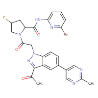 Chemical structure of 1-{2-[3-acetyl-5-(2-methylpyrimidin-5-yl)-1H-indazol-1-yl]acetyl}-N-(6-bromopyridin-2-yl)-4-fluoropyrrolidine-2-carboxamide - CSSB02515421884