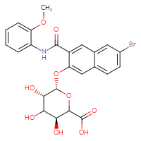Chemical structure of (3S,5S,6S)-6-({6-bromo-3-[(2-methoxyphenyl)carbamoyl]naphthalen-2-yl}oxy)-3,4,5-trihydroxyoxane-2-carboxylic acid - CSSB02531767923