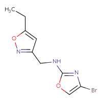 Chemical structure of 4-bromo-N-[(5-ethyl-1,2-oxazol-3-yl)methyl]-1,3-oxazol-2-amine - CSSB02395392966