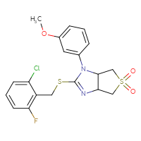 Chemical structure of 2-{[(2-chloro-6-fluorophenyl)methyl]sulfanyl}-1-(3-methoxyphenyl)-1H,3aH,4H,6H,6aH-5λ⁶-thieno[3,4-d]imidazole-5,5-dione - CSSB00121608490