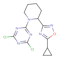 Chemical structure of 2,4-dichloro-6-[2-(5-cyclopropyl-1,2,4-oxadiazol-3-yl)piperidin-1-yl]-1,3,5-triazine - CSSB21332061961