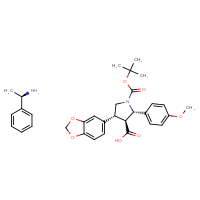 Chemical structure of (1R)-1-phenylethan-1-amine; (2S,3S,4R)-4-(2H-1,3-benzodioxol-5-yl)-1-[(tert-butoxy)carbonyl]-2-(4-methoxyphenyl)pyrrolidine-3-carboxylic acid - CSSB02125605523
