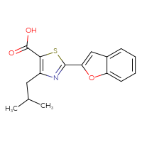 Chemical structure of 2-(1-benzofuran-2-yl)-4-(2-methylpropyl)-1,3-thiazole-5-carboxylic acid - CSSB00102834573