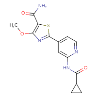 Chemical structure of 2-(2-cyclopropaneamidopyridin-4-yl)-4-methoxy-1,3-thiazole-5-carboxamide - CSSB02495325310