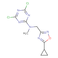 Chemical structure of 4,6-dichloro-N-[(5-cyclopropyl-1,2,4-oxadiazol-3-yl)methyl]-N-methyl-1,3,5-triazin-2-amine - CSSB21332146307