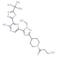 Chemical structure of 1-(4-{5-[5-amino-6-(5-tert-butyl-1,3,4-oxadiazol-2-yl)pyrazin-2-yl]-1-ethyl-1H-1,2,4-triazol-3-yl}piperidin-1-yl)-3-hydroxypropan-1-one - CSSB00025704728