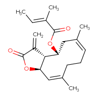 Chemical structure of (3aR,4R,11aR)-6,10-dimethyl-3-methylidene-2-oxo-2H,3H,3aH,4H,5H,8H,9H,11aH-cyclodeca[b]furan-4-yl (2E)-2-methylbut-2-enoate - CSSB20572401207