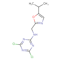 Chemical structure of 4,6-dichloro-N-{[5-(propan-2-yl)-1,3-oxazol-2-yl]methyl}-1,3,5-triazin-2-amine - CSSB02177523782