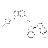 Chemical structure of (3S)-5-hydroxy-3-(2-{[({1-[(1-methyl-1H-imidazol-4-yl)methyl]-1H-indol-6-yl}methyl)amino]methyl}-1H-indol-3-yl)-2,3-dihydro-1H-isoindol-1-one - CSSB00160996851