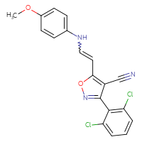 Chemical structure of 3-(2,6-dichlorophenyl)-5-{2-[(4-methoxyphenyl)amino]ethenyl}-1,2-oxazole-4-carbonitrile - CSSB02125603396