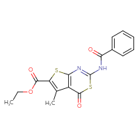 Chemical structure of ethyl 2-benzamido-5-methyl-4-oxo-4H-thieno[2,3-d][1,3]thiazine-6-carboxylate - CSSB00026708818