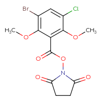 Chemical structure of 2,5-dioxopyrrolidin-1-yl 3-bromo-5-chloro-2,6-dimethoxybenzoate - CSSB20269714460
