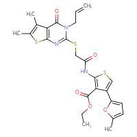Chemical structure of ethyl 2-(2-{[5,6-dimethyl-4-oxo-3-(prop-2-en-1-yl)-3H,4H-thieno[2,3-d]pyrimidin-2-yl]sulfanyl}acetamido)-4-(5-methylfuran-2-yl)thiophene-3-carboxylate - CSSB00026149193