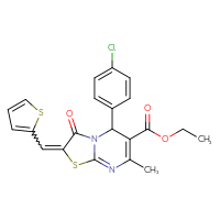 Chemical structure of ethyl 5-(4-chlorophenyl)-7-methyl-3-oxo-2-[(thiophen-2-yl)methylidene]-2H,3H,5H-[1,3]thiazolo[3,2-a]pyrimidine-6-carboxylate - CSSB00121707615