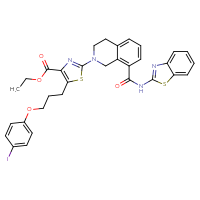 Chemical structure of ethyl 2-{8-[(1,3-benzothiazol-2-yl)carbamoyl]-1,2,3,4-tetrahydroisoquinolin-2-yl}-5-[3-(4-iodophenoxy)propyl]-1,3-thiazole-4-carboxylate - CSSB06256034957