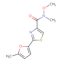 Chemical structure of N-methoxy-N-methyl-2-(5-methylfuran-2-yl)-1,3-thiazole-4-carboxamide - CSSB01997985442