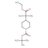 Chemical structure of tert-butyl 4-(1-ethoxy-2-methyl-1-oxopropan-2-yl)piperidine-1-carboxylate - CSSB00010752684
