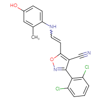 Chemical structure of 3-(2,6-dichlorophenyl)-5-{2-[(4-hydroxy-2-methylphenyl)amino]ethenyl}-1,2-oxazole-4-carbonitrile - CSSB02125603398