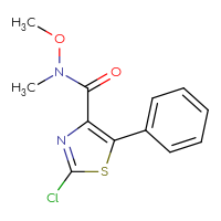 Chemical structure of 2-chloro-N-methoxy-N-methyl-5-phenyl-1,3-thiazole-4-carboxamide - CSSB21151593600