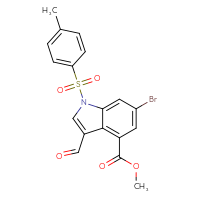 Chemical structure of methyl 6-bromo-3-formyl-1-(4-methylbenzenesulfonyl)-1H-indole-4-carboxylate - CSSB21332129244