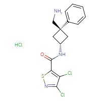 Chemical structure of 3,4-dichloro-N-[(1r,3r)-3-(aminomethyl)-3-phenylcyclobutyl]-1,2-thiazole-5-carboxamide hydrochloride - CSSB00161163168