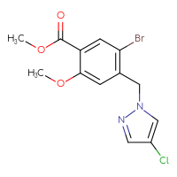 Chemical structure of methyl 5-bromo-4-[(4-chloro-1H-pyrazol-1-yl)methyl]-2-methoxybenzoate - CSSB01459824461