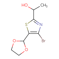 Chemical structure of 1-[4-bromo-5-(1,3-dioxolan-2-yl)-1,3-thiazol-2-yl]ethan-1-ol - CSSB21230210365