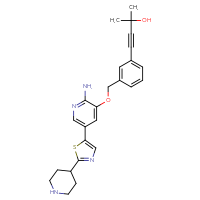 Chemical structure of 4-{3-[({2-amino-5-[2-(piperidin-4-yl)-1,3-thiazol-5-yl]pyridin-3-yl}oxy)methyl]phenyl}-2-methylbut-3-yn-2-ol - CSSB14823689086