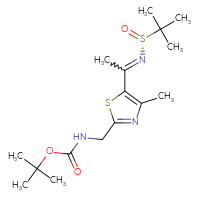 Chemical structure of tert-butyl N-{[4-methyl-5-(1-{[(R)-2-methylpropane-2-sulfinyl]imino}ethyl)-1,3-thiazol-2-yl]methyl}carbamate - CSSB21332858985