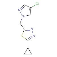Chemical structure of 2-[(4-chloro-1H-pyrazol-1-yl)methyl]-5-cyclopropyl-1,3,4-thiadiazole - CSSB01992457951