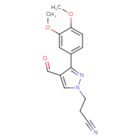 Chemical structure of 3-[3-(3,4-dimethoxyphenyl)-4-formyl-1H-pyrazol-1-yl]propanenitrile - CSSB00000686191