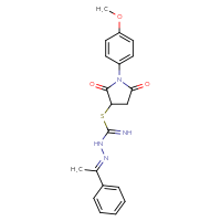 Chemical structure of 1-{[1-(4-methoxyphenyl)-2,5-dioxopyrrolidin-3-yl]sulfanyl}-N-[(E)-(1-phenylethylidene)amino]methanimidamide - CSSB00132360301