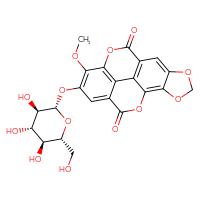 Chemical structure of 12-methoxy-13-{[(2S,3R,4S,5S,6R)-3,4,5-trihydroxy-6-(hydroxymethyl)oxan-2-yl]oxy}-3,5,10,17-tetraoxapentacyclo[9.6.2.0²,⁶.0⁸,¹⁸.0¹⁵,¹⁹]nonadeca-1,6,8(18),11(19),12,14-hexaene-9,16-dione - CSSB00159261270