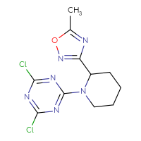 Chemical structure of 2,4-dichloro-6-[2-(5-methyl-1,2,4-oxadiazol-3-yl)piperidin-1-yl]-1,3,5-triazine - CSSB02247860314