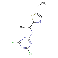 Chemical structure of 4,6-dichloro-N-[1-(5-ethyl-1,3-thiazol-2-yl)ethyl]-1,3,5-triazin-2-amine - CSSB00001975807