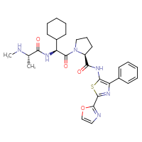 Chemical structure of (2S)-1-[(2S)-2-cyclohexyl-2-[(2S)-2-(methylamino)propanamido]acetyl]-N-[2-(1,3-oxazol-2-yl)-4-phenyl-1,3-thiazol-5-yl]pyrrolidine-2-carboxamide - CSSB00134617753