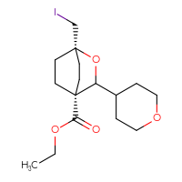 Chemical structure of ethyl (1r,4r)-1-(iodomethyl)-3-(oxan-4-yl)-2-oxabicyclo[2.2.2]octane-4-carboxylate - CSSB20621205669