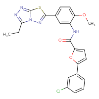 Chemical structure of 5-(3-chlorophenyl)-N-(5-{3-ethyl-[1,2,4]triazolo[3,4-b][1,3,4]thiadiazol-6-yl}-2-methoxyphenyl)furan-2-carboxamide - CSSB00121598903