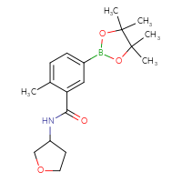 Chemical structure of 2-methyl-N-(oxolan-3-yl)-5-(4,4,5,5-tetramethyl-1,3,2-dioxaborolan-2-yl)benzamide - CSSB02526778998