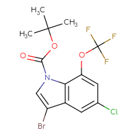 Chemical structure of tert-butyl 3-bromo-5-chloro-7-(trifluoromethoxy)-1H-indole-1-carboxylate - CSSB21332061086