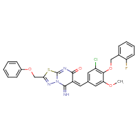 Chemical structure of (6Z)-6-({3-chloro-4-[(2-fluorophenyl)methoxy]-5-methoxyphenyl}methylidene)-5-imino-2-(phenoxymethyl)-5H,6H,7H-[1,3,4]thiadiazolo[3,2-a]pyrimidin-7-one - CSSB00132372585