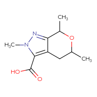 Chemical structure of 2,5,7-trimethyl-2H,4H,5H,7H-pyrano[3,4-c]pyrazole-3-carboxylic acid - CSSB02131130203