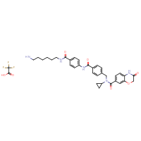Chemical structure of N-{[4-({4-[(6-aminohexyl)carbamoyl]phenyl}carbamoyl)phenyl]methyl}-N-cyclopropyl-3-oxo-3,4-dihydro-2H-1,4-benzoxazine-7-carboxamide; trifluoroacetic acid - CSSB14880533436