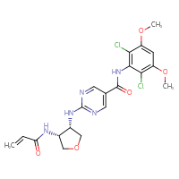 Chemical structure of N-(2,6-dichloro-3,5-dimethoxyphenyl)-2-{[(3S,4R)-4-(prop-2-enamido)oxolan-3-yl]amino}pyrimidine-5-carboxamide - CSSB14880531297