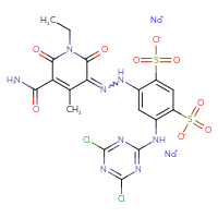 Chemical structure of disodium 4-[2-(5-carbamoyl-1-ethyl-4-methyl-2,6-dioxo-1,2,3,6-tetrahydropyridin-3-ylidene)hydrazin-1-yl]-6-[(4,6-dichloro-1,3,5-triazin-2-yl)amino]benzene-1,3-disulfonate - CSSB19412571639