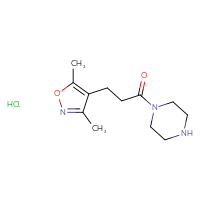 Chemical structure of 3-(3,5-dimethyl-1,2-oxazol-4-yl)-1-(piperazin-1-yl)propan-1-one hydrochloride - CSSB20269569906