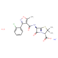 Chemical structure of sodium (2S,5R,6R)-6-[3-(2-chlorophenyl)-5-methyl-1,2-oxazole-4-amido]-3,3-dimethyl-7-oxo-4-thia-1-azabicyclo[3.2.0]heptane-2-carboxylate hydrate - CSSB00016990789