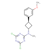 Chemical structure of 4,6-dichloro-N-methyl-N-[(1r,3r)-3-(3-methoxyphenyl)cyclobutyl]-1,3,5-triazin-2-amine - CSSB21332175728